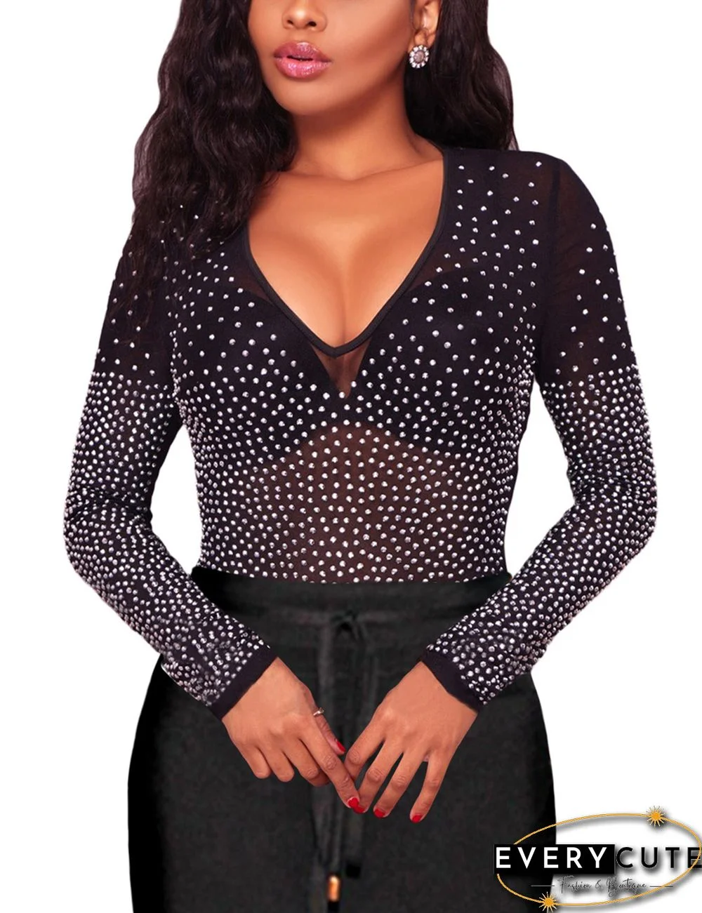 Black Sheer Mesh Rhinestone V Neck Long Sleeve Tops