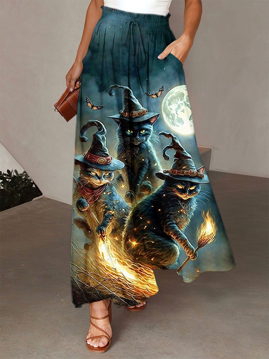Women´s Halloween Cat Art Print Casual Wide Leg Pants