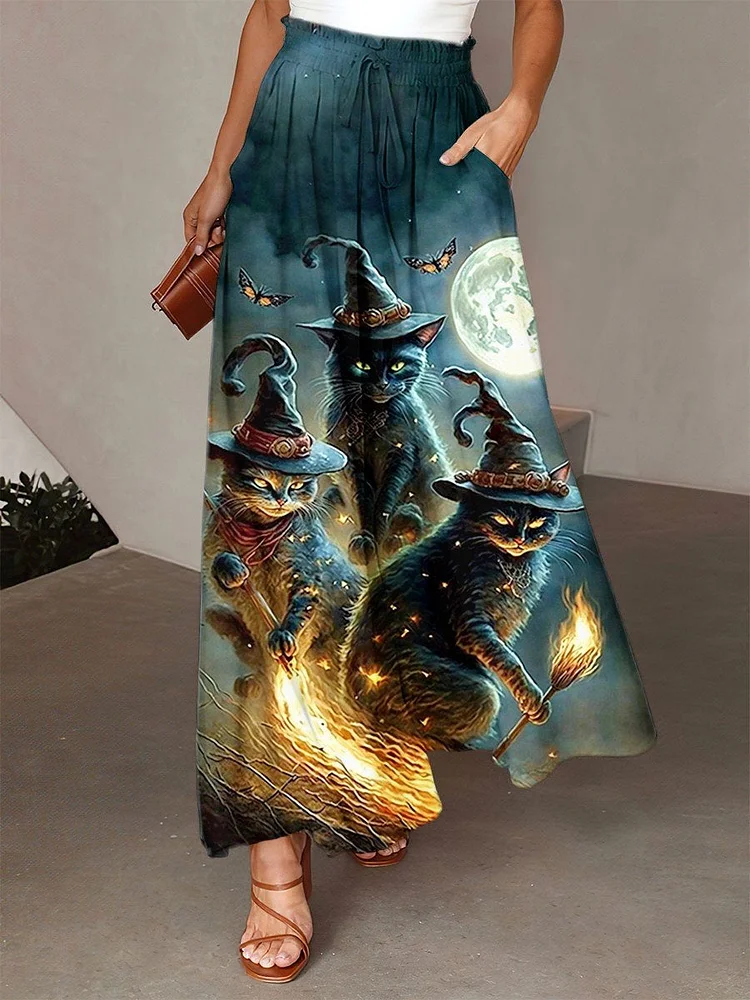 Women's Halloween Cat Art Print Casual Wide Leg Pants