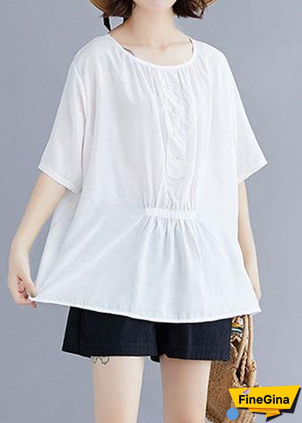 Natural white cotton Blouse o neck half sleeve loose summer top