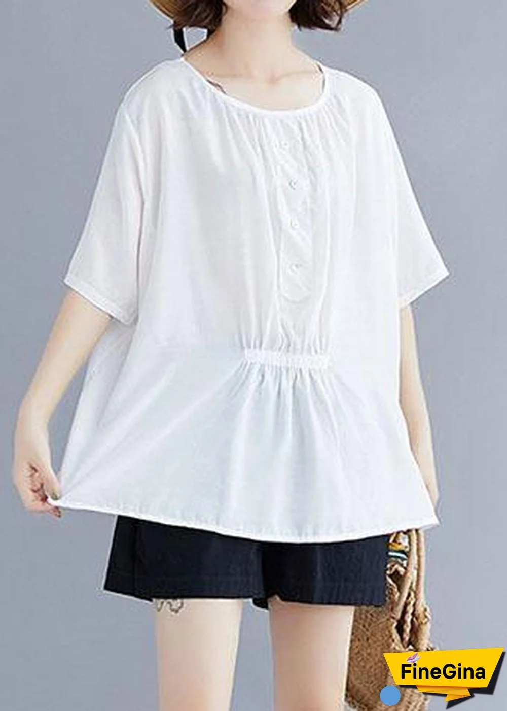 Natural white cotton Blouse o neck half sleeve loose summer top