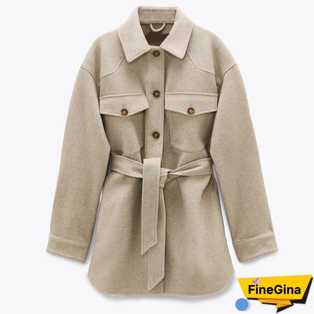 Women Fashion With Belt Loose Woolen Jacket Coat Vintage Long Sleeve Side Pockets Female Outerwear Chic Overcoat