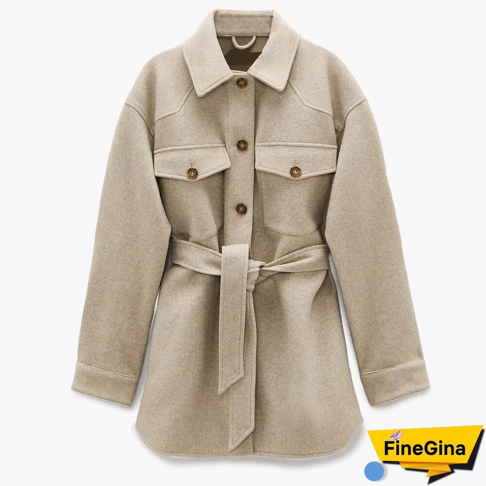 Women Fashion With Belt Loose Woolen Jacket Coat Vintage Long Sleeve Side Pockets Female Outerwear Chic Overcoat