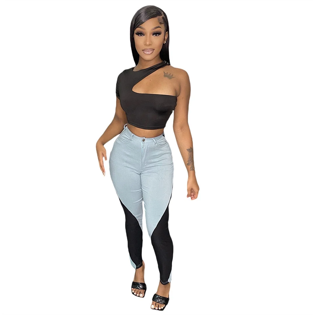 ANJAMANOR Sexy 2 Piece Sets Womens Outfits Asymmetrical Cut Out Black Crop Top and High Waist Pants New Fashion 2022 D89-DD32