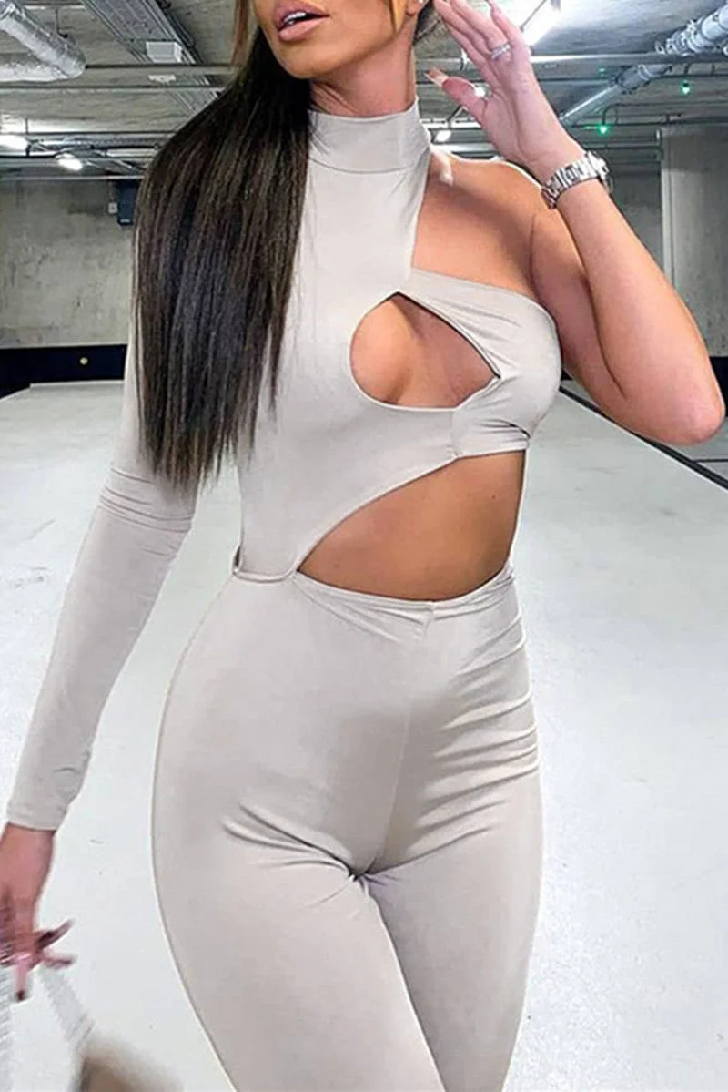Sexy Casual Solid Hollowed Out Turtleneck Skinny Jumpsuits