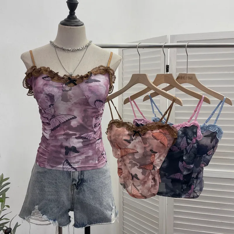 Brownm Real-Shooting Lace Bow Repair Body Tie-Dye-Print Mesh Hottie Pure Desire Sling Vest With Chest Cushion Top 8851