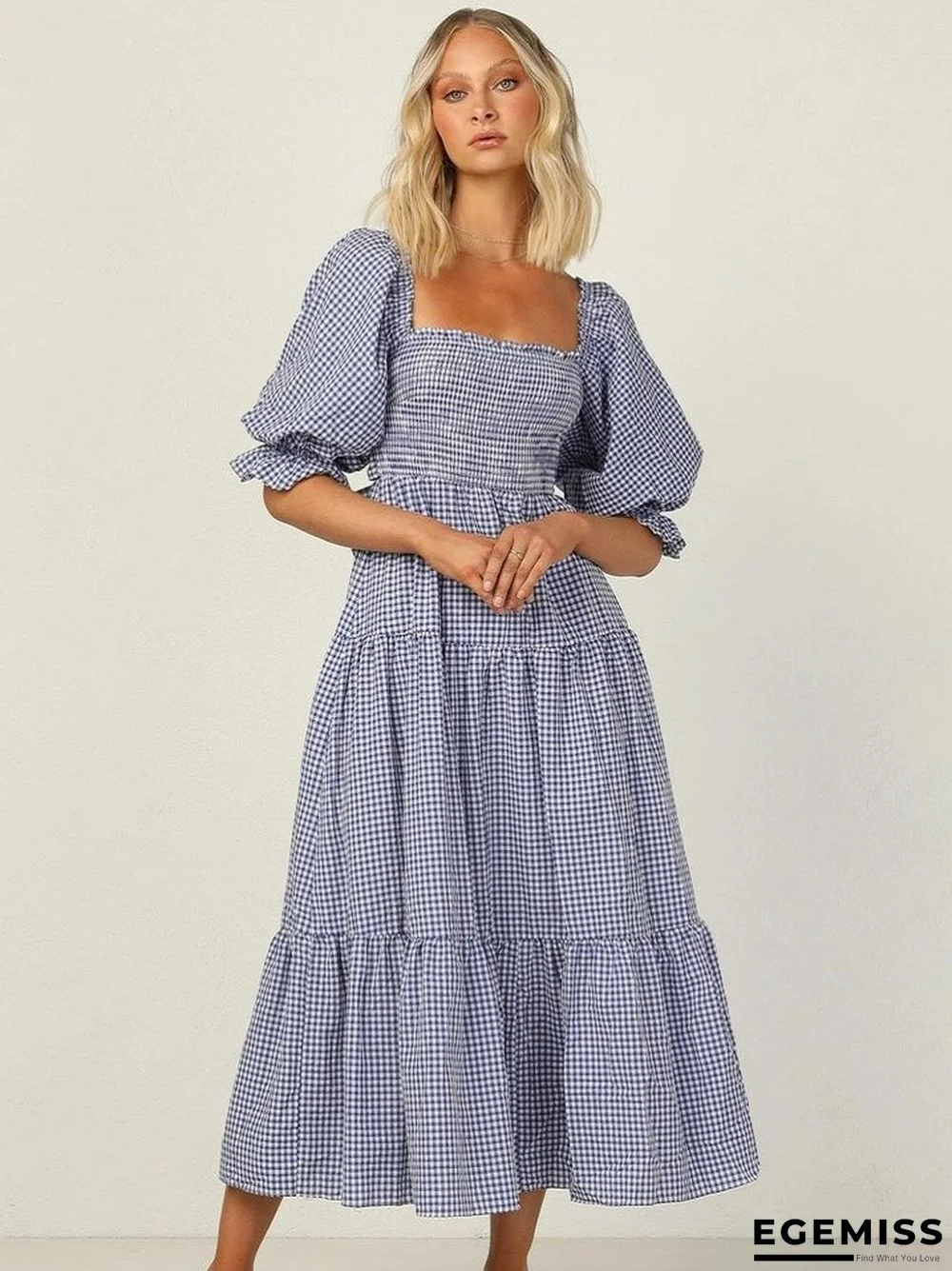 Elastic Square Collar Check Bubble Sleeve Dress | EGEMISS