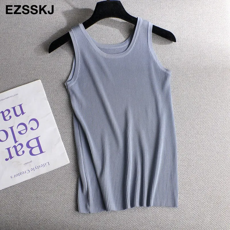 spring summer Women o-neck Knitted tank top baisc camis casual Sleeveless vest Female slim tanks short top