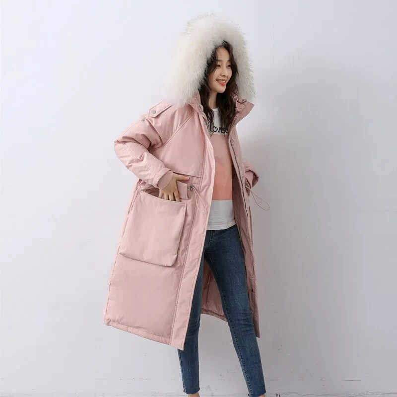FTLZZ Winter Artificial Fur Hooded Long Jacket 90% White Duck Down Coat Big Pocket Parkas Loose Warm Jackets Yellow Snow Outwear