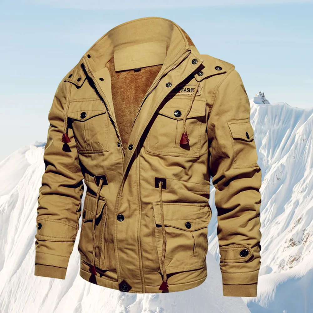 Smiledeer Men's Zippered Multi-Pocket Fleece Hooded Cargo Jacket