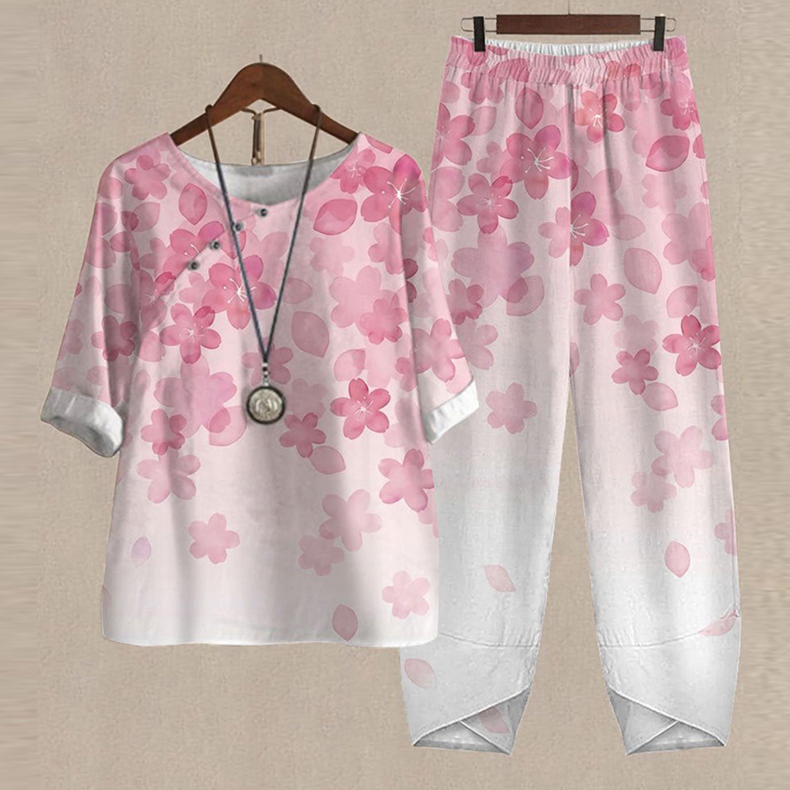 Casual Two Piece Sets Women Loose O Neck Short Sleeve  Pants Flower Print Outfits Suit
