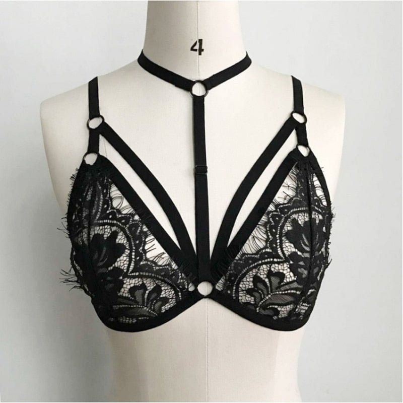 Lace Floral Bra Porno Sexy Women Bandage Hollow Halter Bralette Lined No Pad Crop Tops Choker Bras