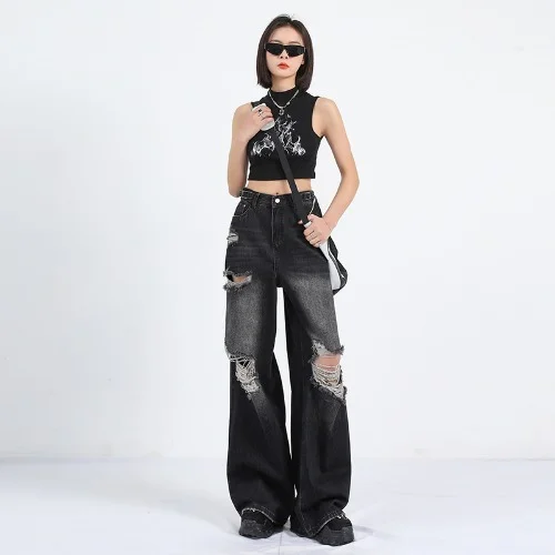 Zingj Zingj Street Black Ripped Jeans Women's New Summer Popular Logo Straight Tube Loose And Versatile Drag Wide Leg Pants