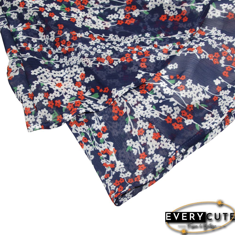 Navy Blue V Neck Ruffle Hem Long Sleeve Romper