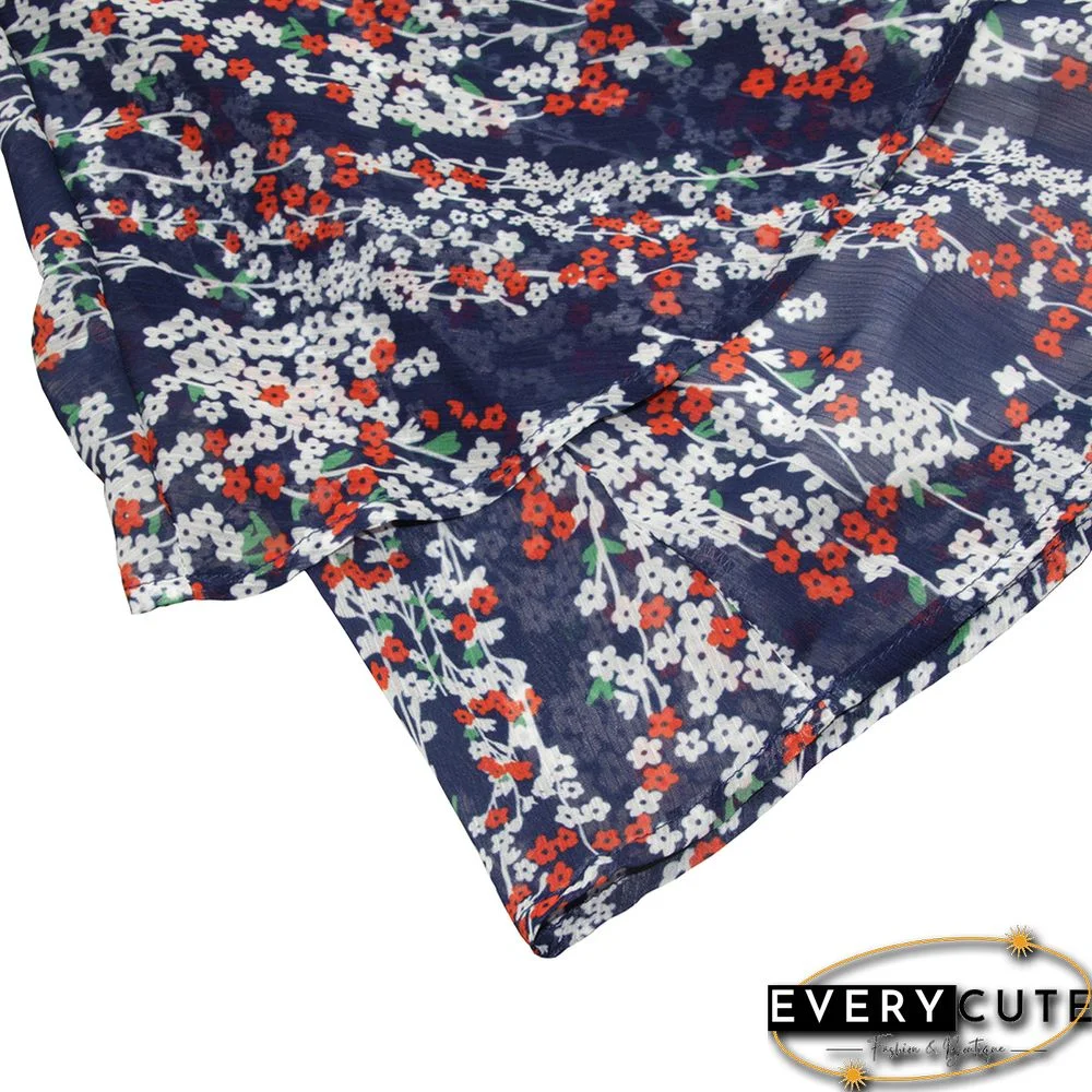 Navy Blue V Neck Ruffle Hem Long Sleeve Romper