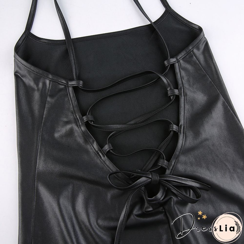 Bandage Backless Pu Leather Dress Sexy Slim Split Party Dress Clubwear Slash Neck Sleeveless Midi Dresses For Women