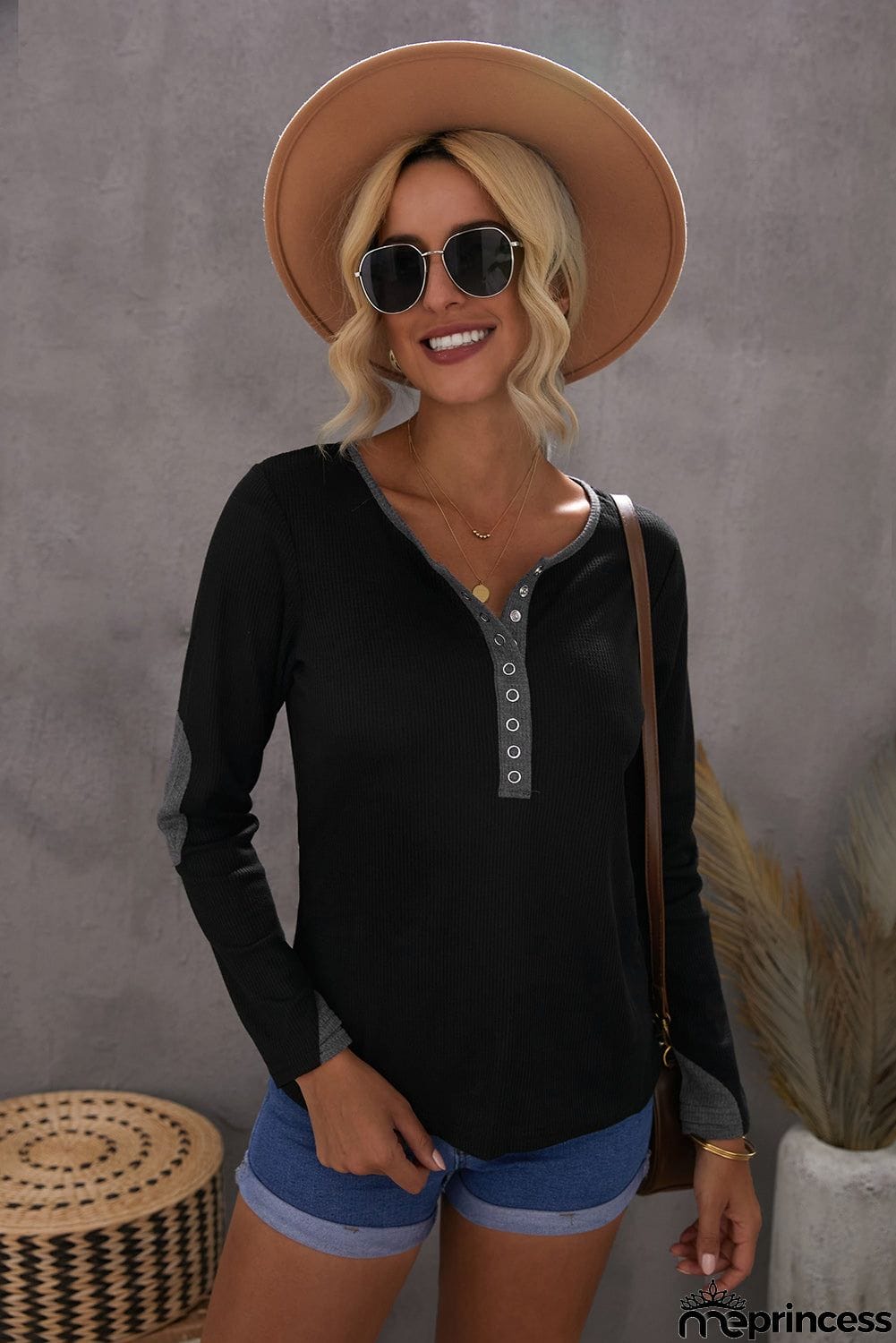 Contrast Elbow Patch Black Long Sleeve Top