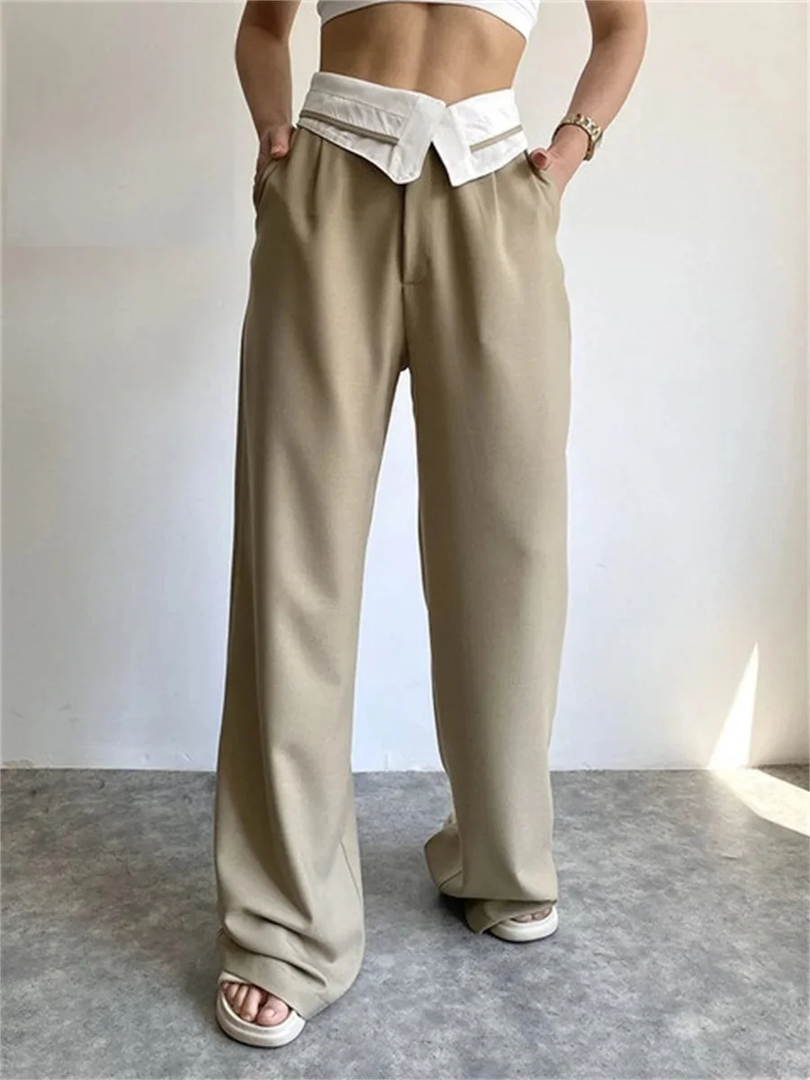 Oocharger Women High Waist Casual Straight Leg Pants Fashion Lapel Top Patchwork Zip Button Loose Long Trousers Chic Fall Bottoms