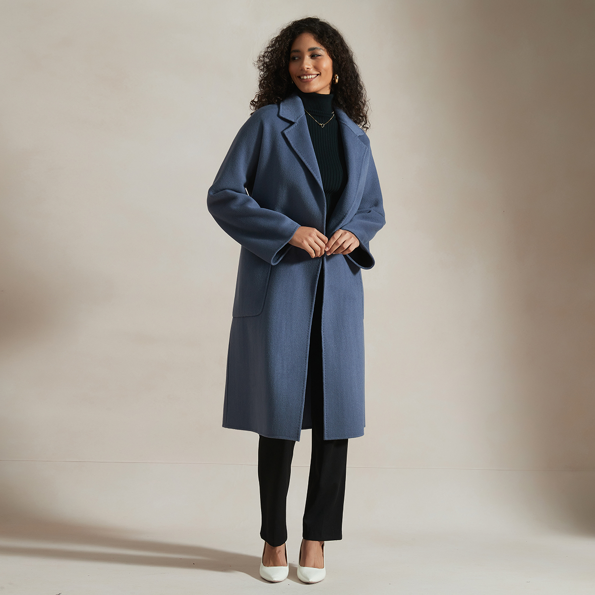 Classic Collection Women's Belted Wrap Wool Coat-Gray Blue REAL SILK LIFE