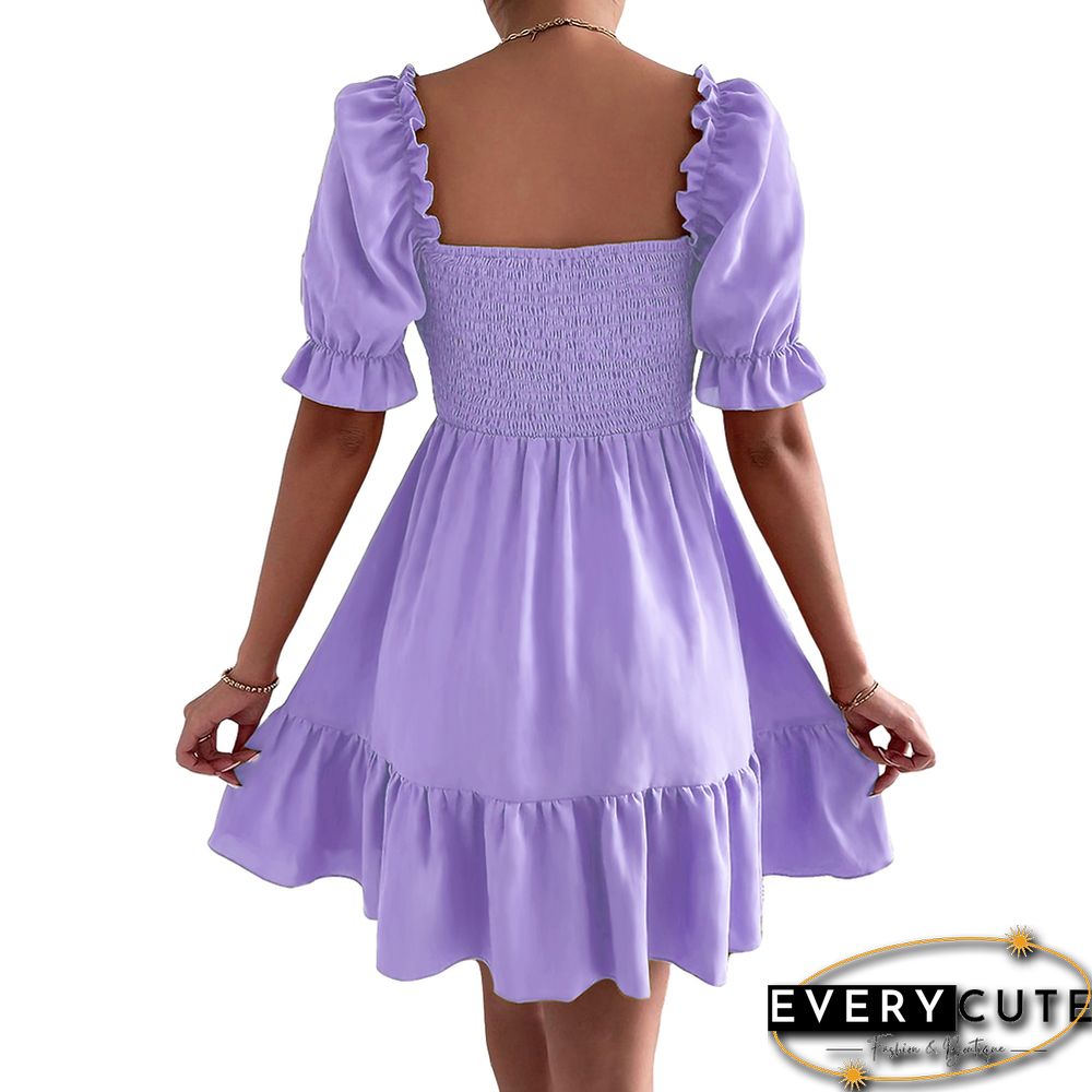 Light Purple Square Neck Short Sleeve Ruffle Mini Dresses