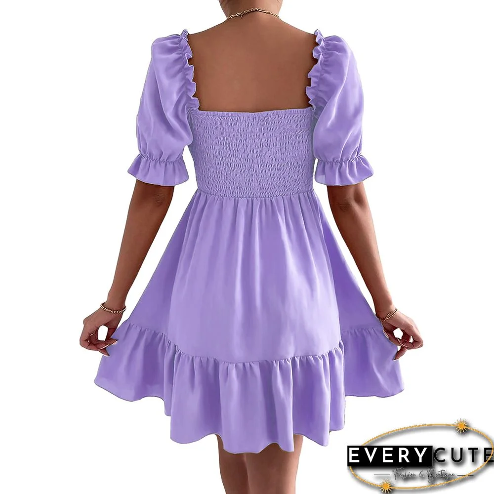 Light Purple Square Neck Short Sleeve Ruffle Mini Dresses