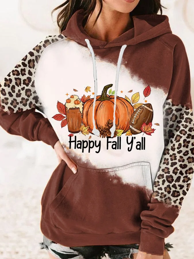 Women's Happy Fall Y‘all Football Pumpkin Leopard Hoodie socialshop