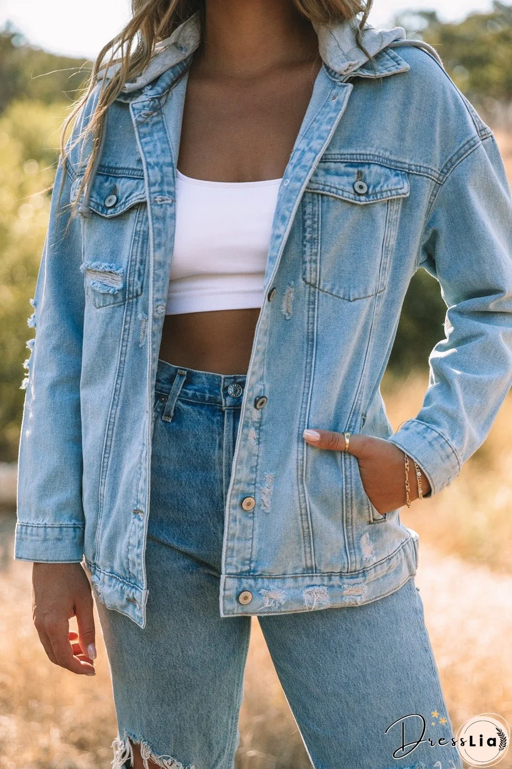 Button Closure Ripped Hooded Denim Jacket