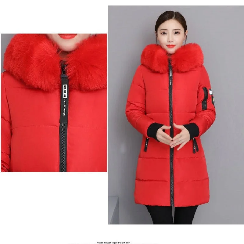 2021 Winter Jacket Hooded Fur Collar Women Parkas Outwear High Quality Parkas Female Slim Paddinh Parka Women Mid-Long Coats