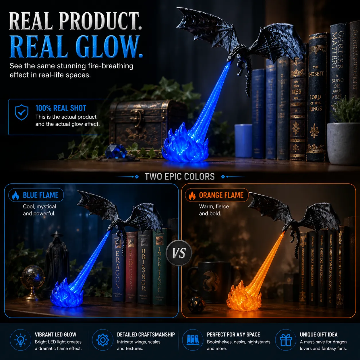 Dragon display light with orange and blue glowing flame options