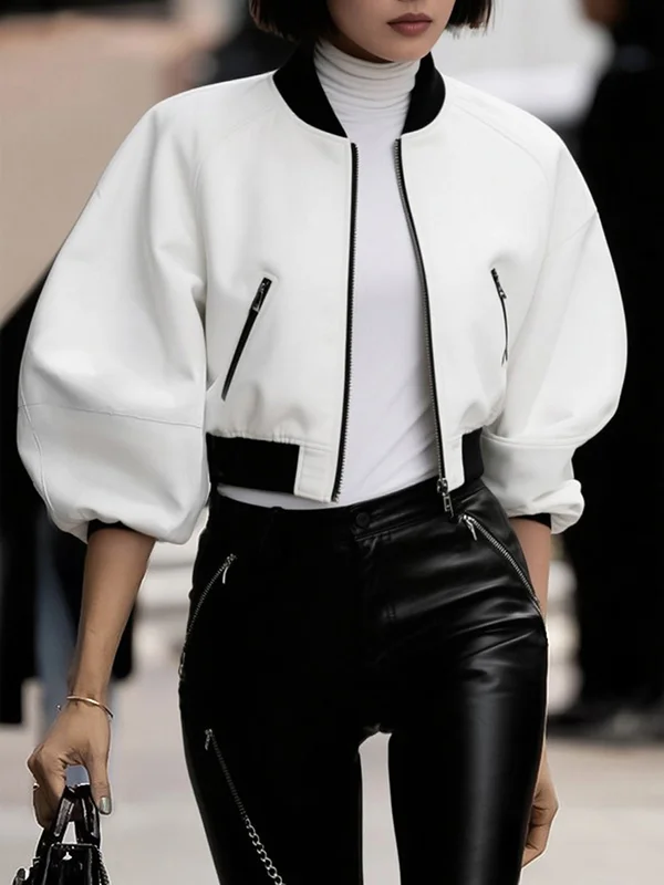 Contrast Color Elasticity Split-Joint Puff Sleeves Round-neck Jackets&Coats