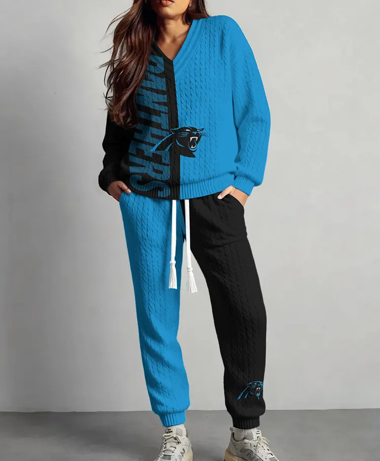 Carolina Panthers  Classic All-Season Long Sleeve V-Neck Pullover Sweater & Pants Set