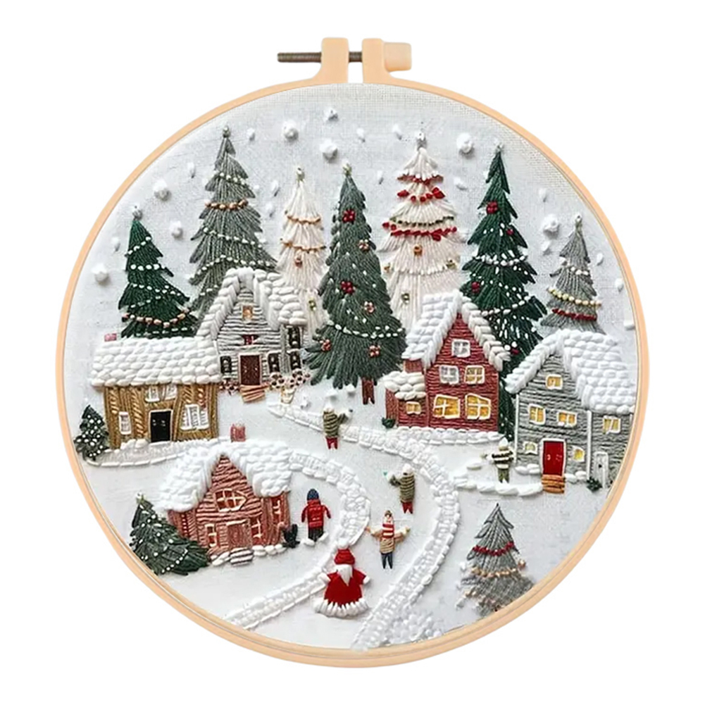 Christmas Cottage DIY Embroidery Kit with Pattern Cotton Threads Needles Hoop