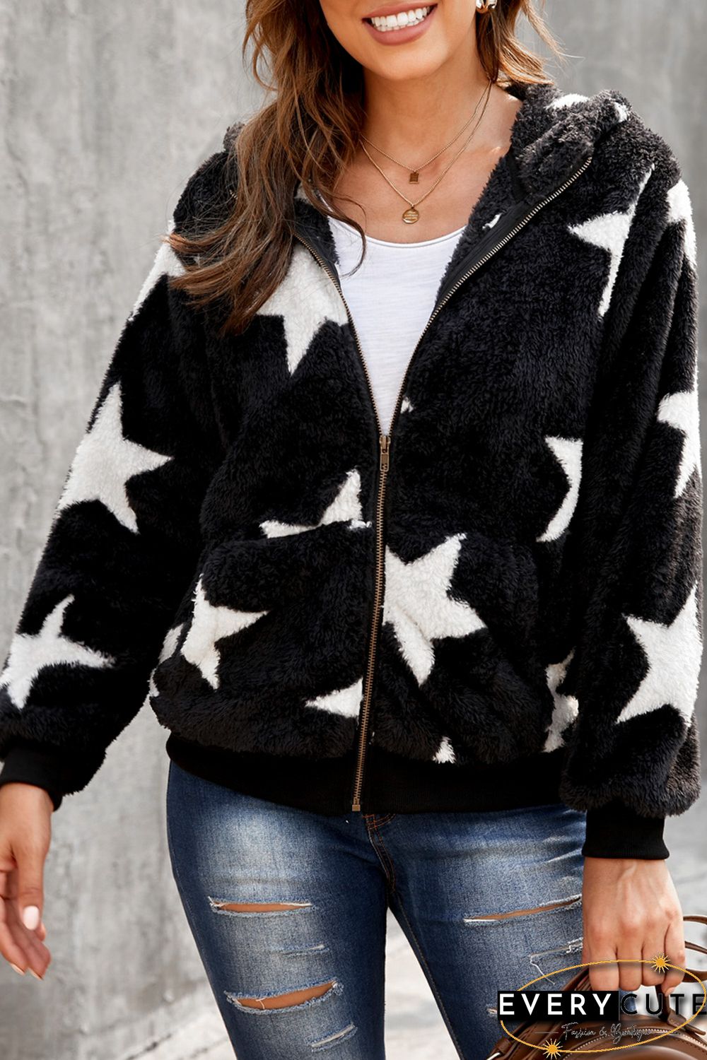 Black Star Print Zipper Fleece Hooded Coat with Pockets