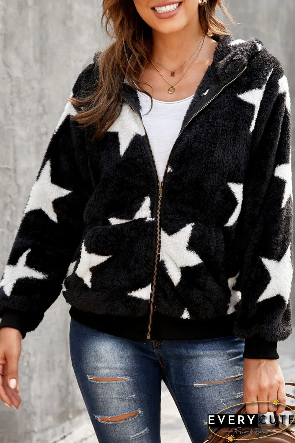 Black Star Print Zipper Fleece Hooded Coat with Pockets