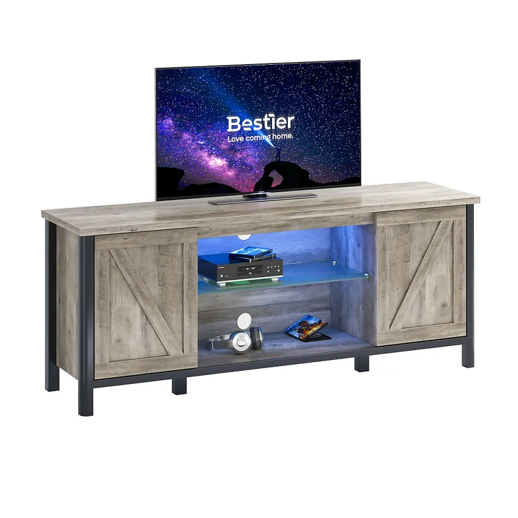 Bestier Vintage Tv Stand with 2 Sliding Barn Doors Cabinets,Glass Shelf, Led Lights for Living Room, Fit Up to 65 Inch Screen Tvs,White