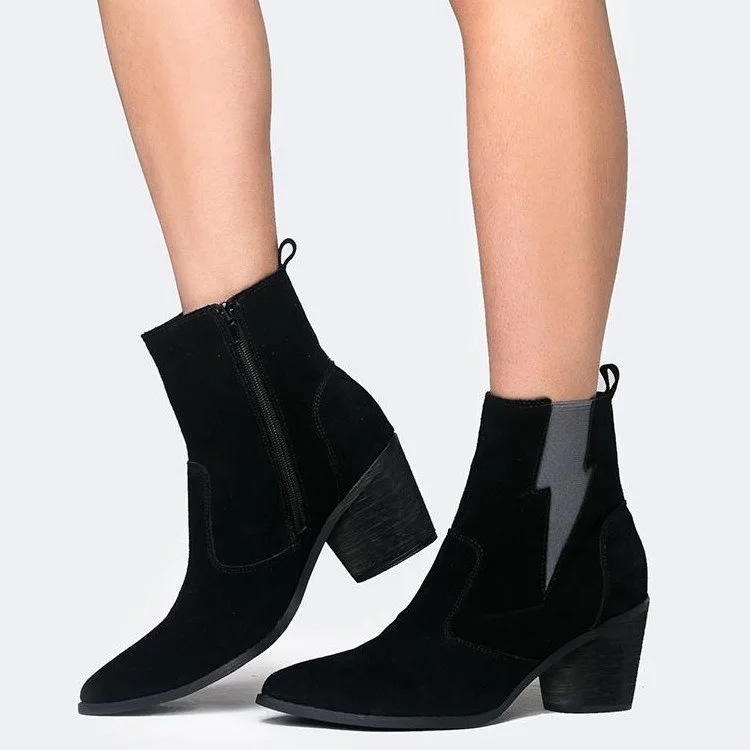 Black Vegan Suede Grey Lightning Block Heel Ankle Boots |FSJ Shoes
