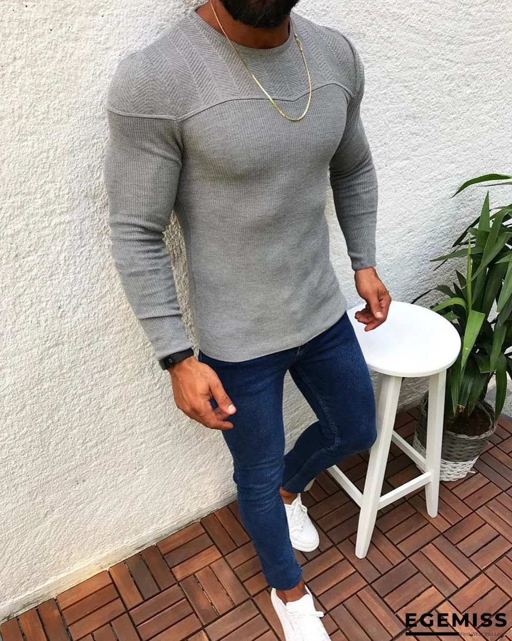 Slim Fit Long Sleeve Pullover Round Neck Sweater Top Sweater Male | EGEMISS
