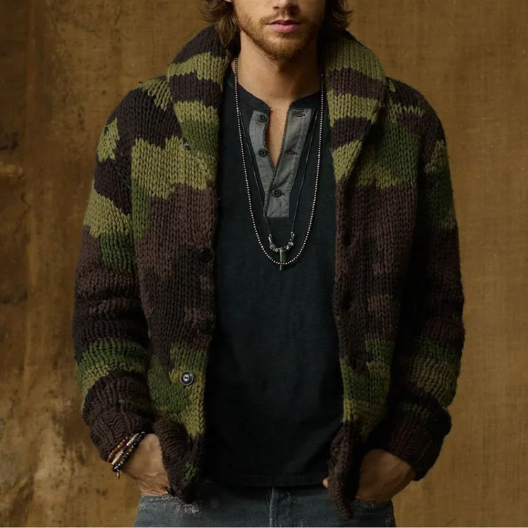 Men's Camo Pattern Knit Cardigan Jacket