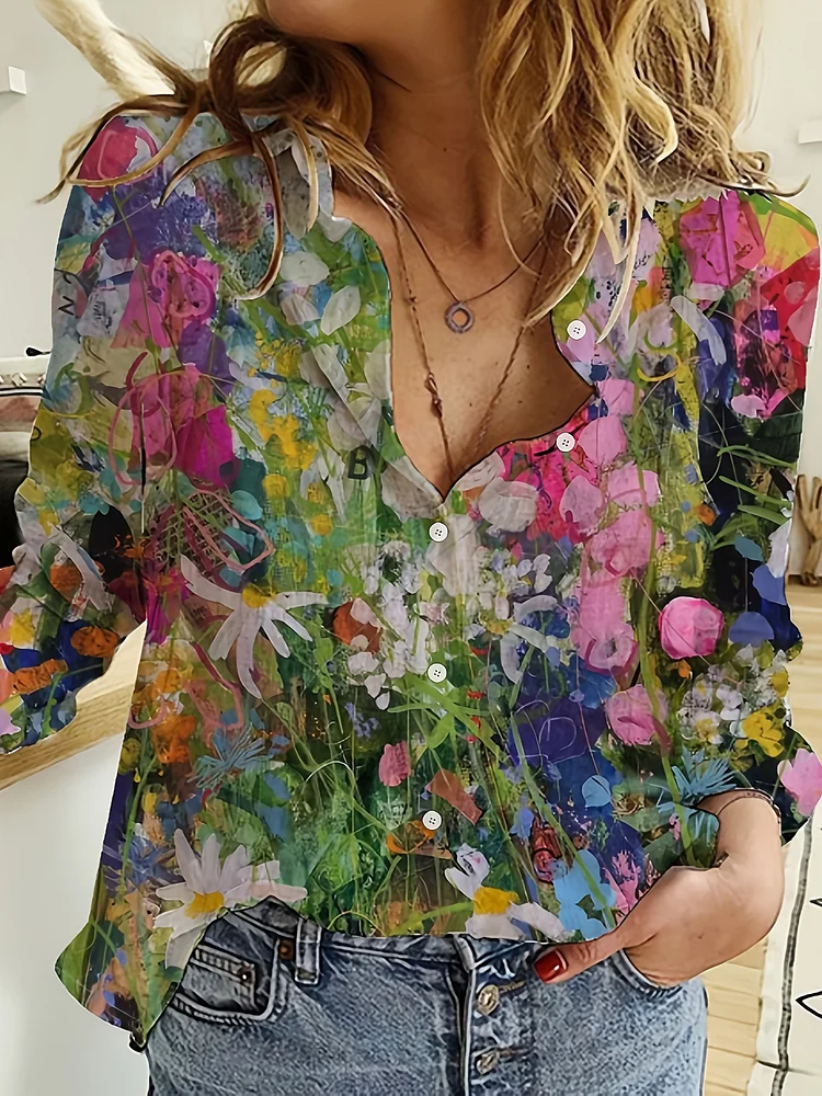 Women's Floral Print Long Sleeve Blouse With Lapel Collar - Casual Spring/Summer Shirt, Button-Up Design, Vibrant Flower Patterns In Blue, Green, Pink & Yellow, Lightweight Polyester For Easy Care, Floral Print Blou