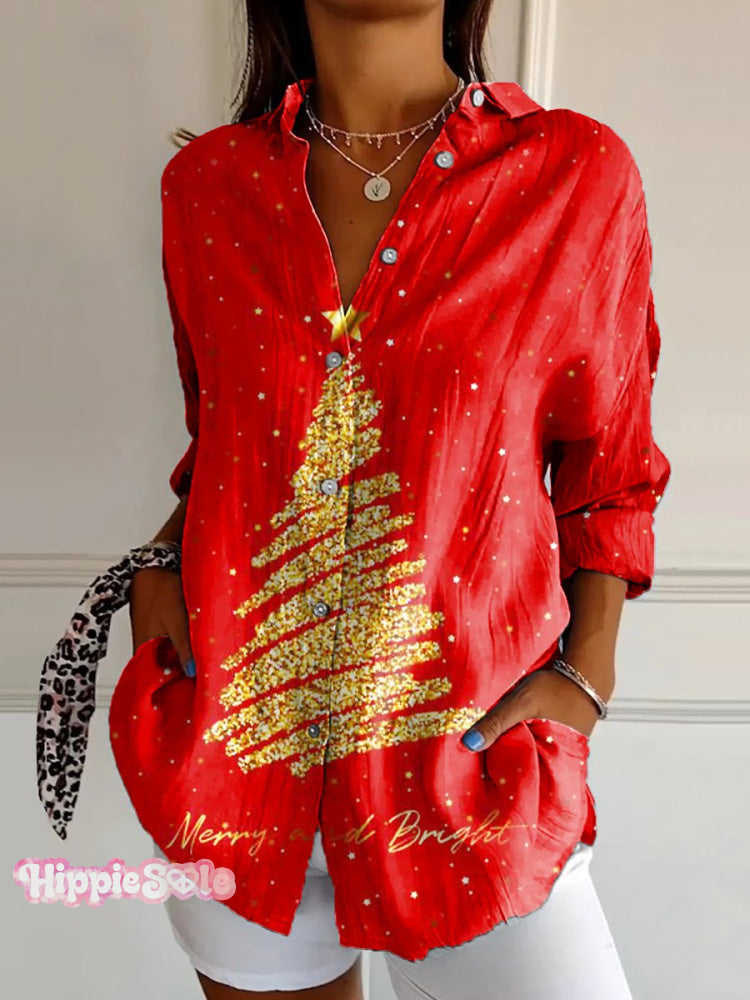 Women&rsquo;s Merry Christmasart Print Casual Cotton Shirt Multicolor / S