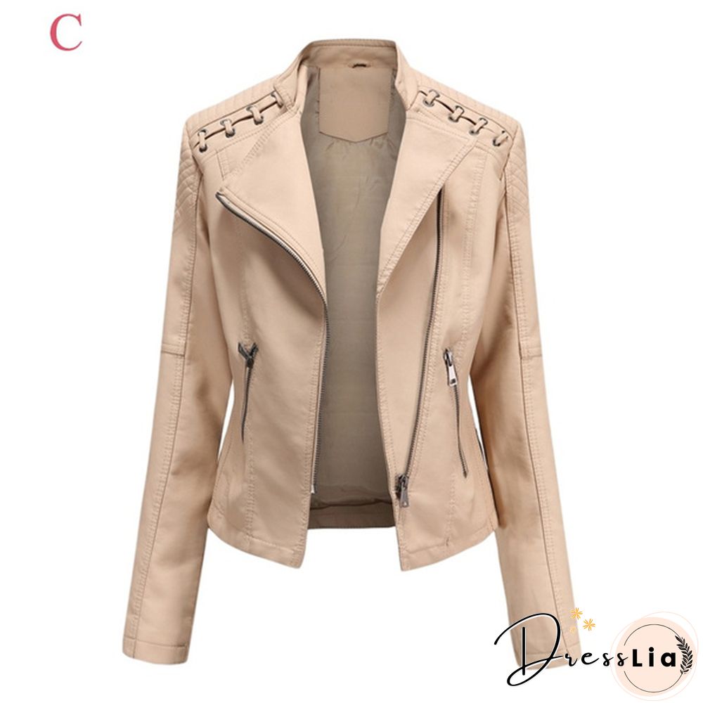 Ladies Fashion Spring and Autumn Short Slim Thin Leather Jacket Motorcycle Suit