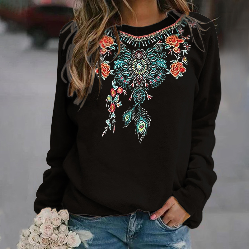 wearshes V Neck Tribal Printed Long Sleeve Casual Sweatshirt