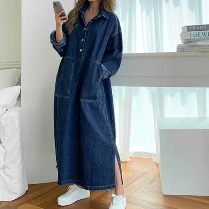 Women's Autumn Long Sleeve Denim Shirt Dress Button Pocket Jeans Maxi Dresses Casual Loose Female Street Wear Denim Robe Lanfubeisi