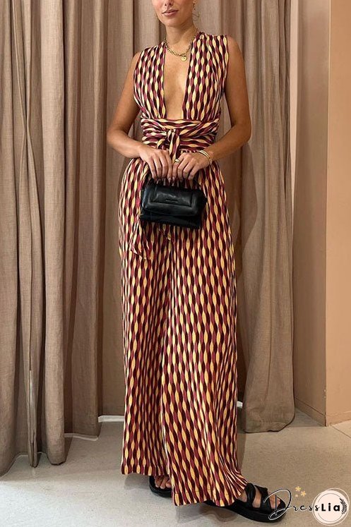 Meridress Chic Back Criss Cross Knot Waist Wide Leg Printed Jumpsuit