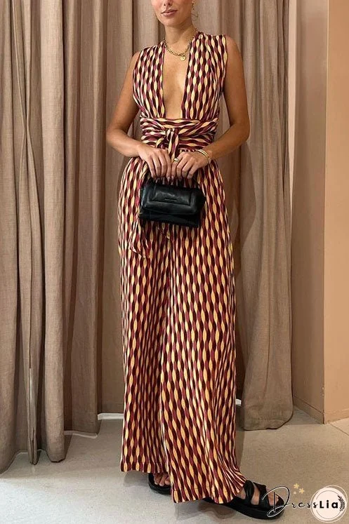 Meridress Chic Back Criss Cross Knot Waist Wide Leg Printed Jumpsuit