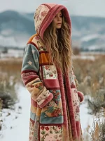 Bohemian Style Plant Flower Pattern Women's Winter Warm Flannel Long Coat