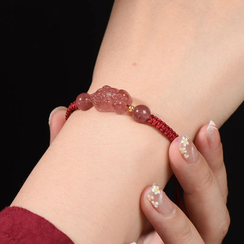 Natural Strawberry Quartz PiXiu Lucky Red String Bracelet