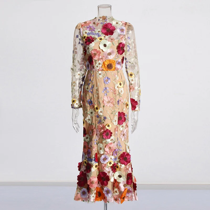 Zingj Elegant Style Slim Dress 2025 Summer New Collage Embroidery Design Color High-Waist Long Dress Dress Woman
