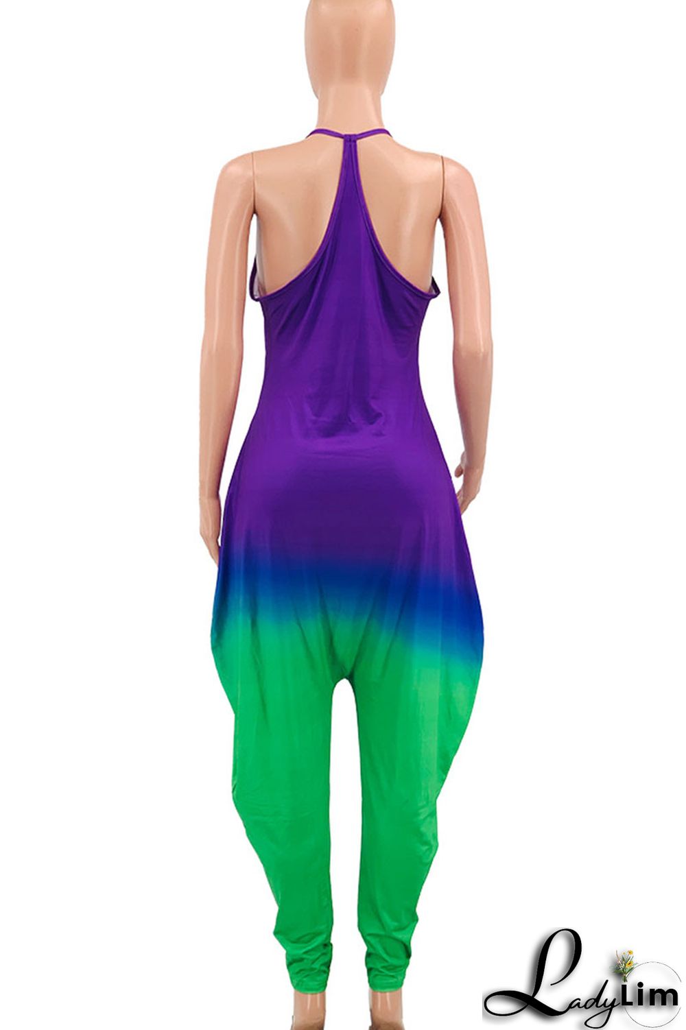 Green Casual Gradual Change Print Patchwork Spaghetti Strap Harlan Jumpsuits