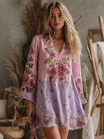 Women's V Neck Boho Classy Gradient Pink Roses Embroidered Art Casual Dress - Image 8
